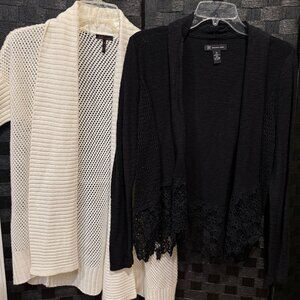 INC Int'l Concepts Open Front Sweater M Black White Short Crochet BUNDLE of 2